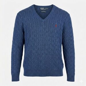 Polo Ralph Lauren XXL Blue Cable Knit Sweater 100% Tussah Silk V-Neck Mens